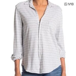 Frank & Eileen Tee Lab Gray White Striped Long Sleeve Button Down Knit Shirt XS
